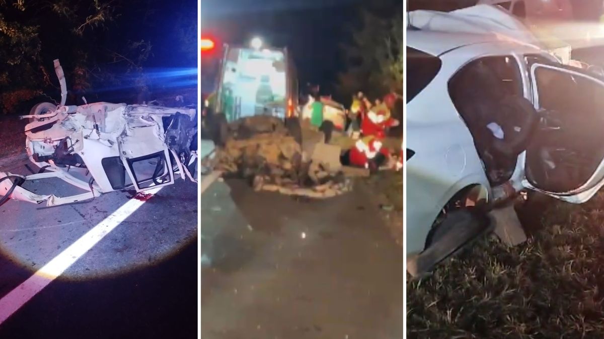 Imagens mostram veículos destruídos após acidente.