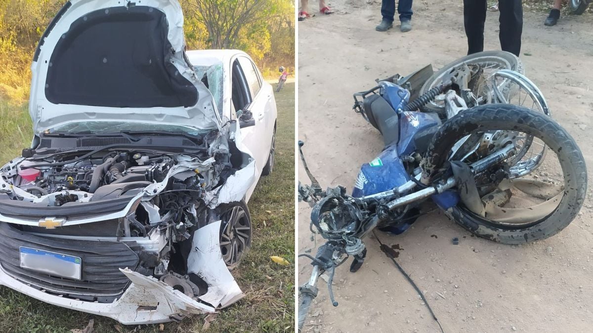 Carro ficou com frente danificada e moto foi destruída com a colisão