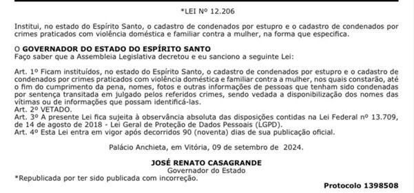 Lei aprovada cria cadastro de condenados no ES