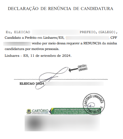Documento com renúncia do candidato do PT em Linnhares