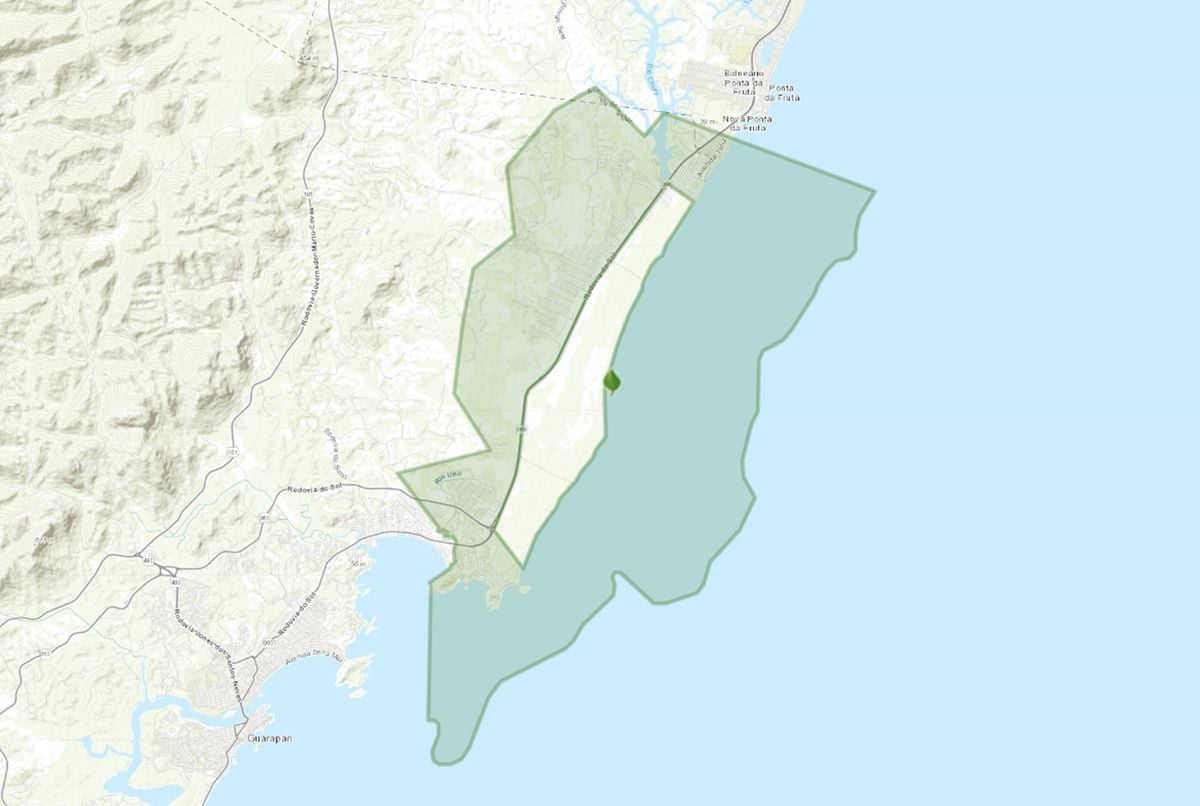 Região delimitada indica a APA de Setiba, em Guarapari