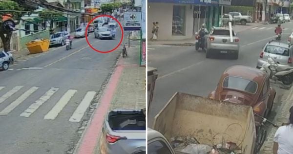 Imagens mostram momento em que o motorista do automóvel faz uma conversão à esquerda e atinge o motociclista, que seguia no fluxo normal da via