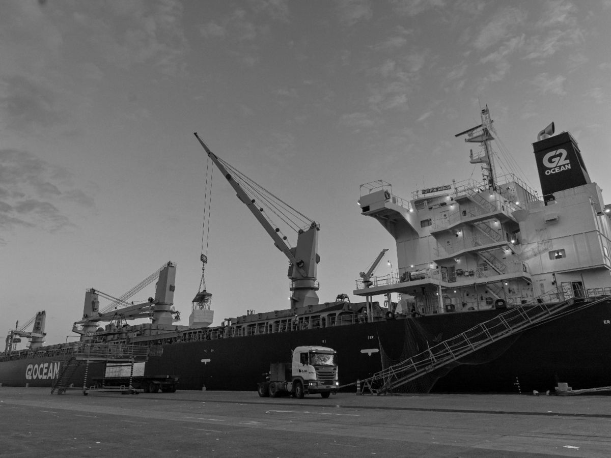 Navio atracado em Portocel, Norte do Espírito Santo preto e branco