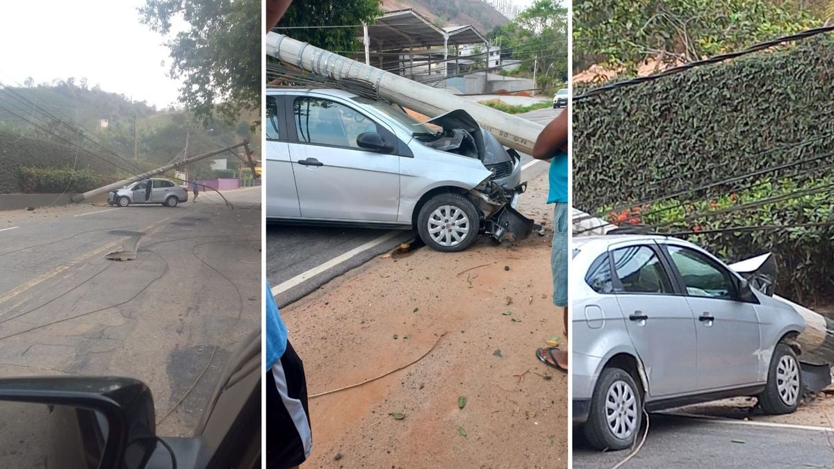 Carro bate e derruba poste em Atílio Vivácqua