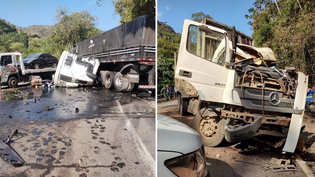 Um acidente entre quatro carretas interdita totalmente a BR 262 em Domingos Martins, Região Serrana do Espírito Santo.