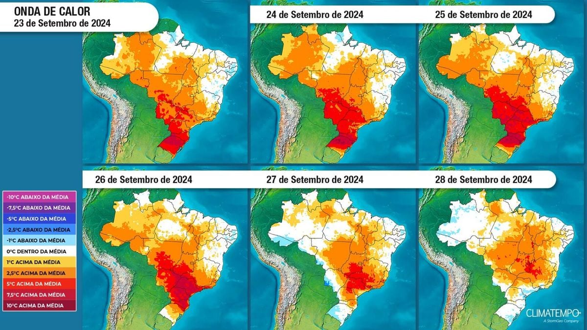 Mapa mostra aumento das temperaturas entre 23 e 27 de setembro