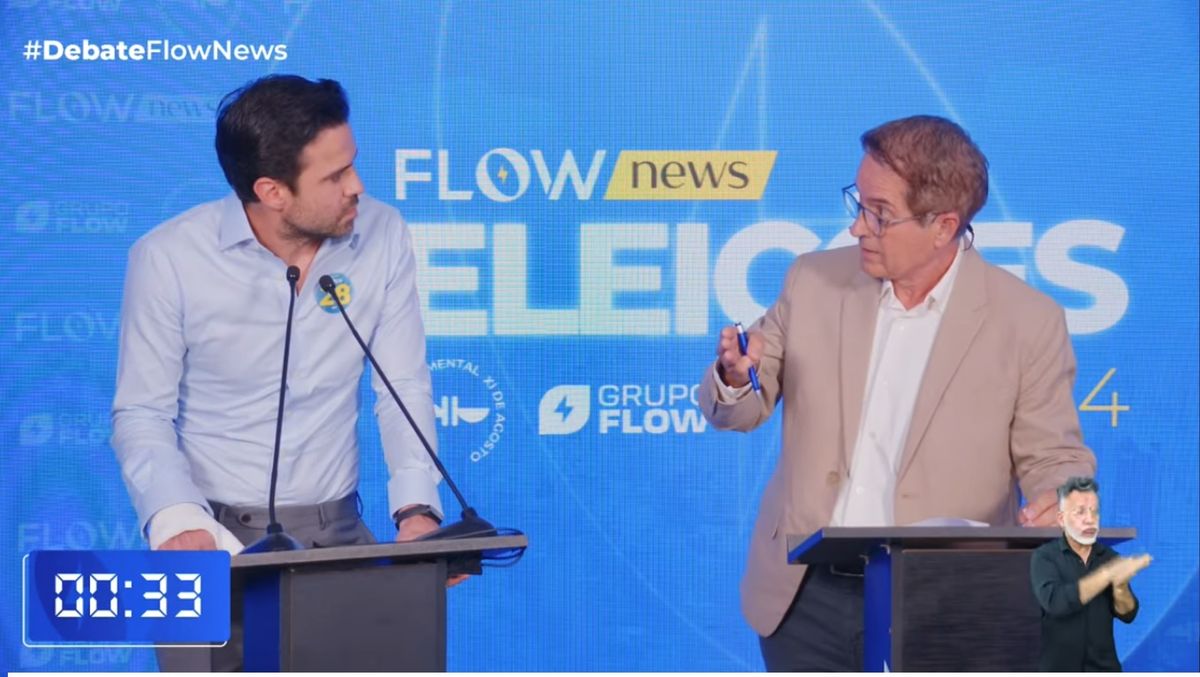 Segundos anteriores à expulsão de Marçal no debate do Flow News e a subsequente agressão do membro da equipe de Nunes 