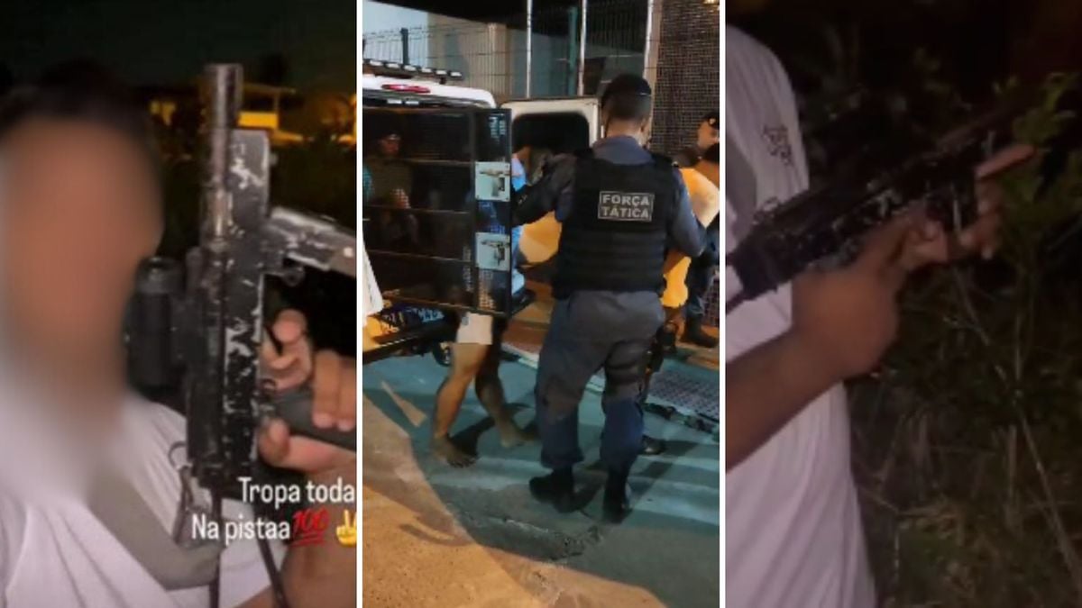 Capturas de tela mostram suspeitos ostentando armas na internet e o momento em descem da viatura da PM já presos nesta terça-feira (24)