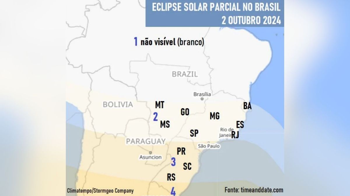 Ilustração mostra as diferentes faixas de visibilidade do eclipse solar parcial no Brasil