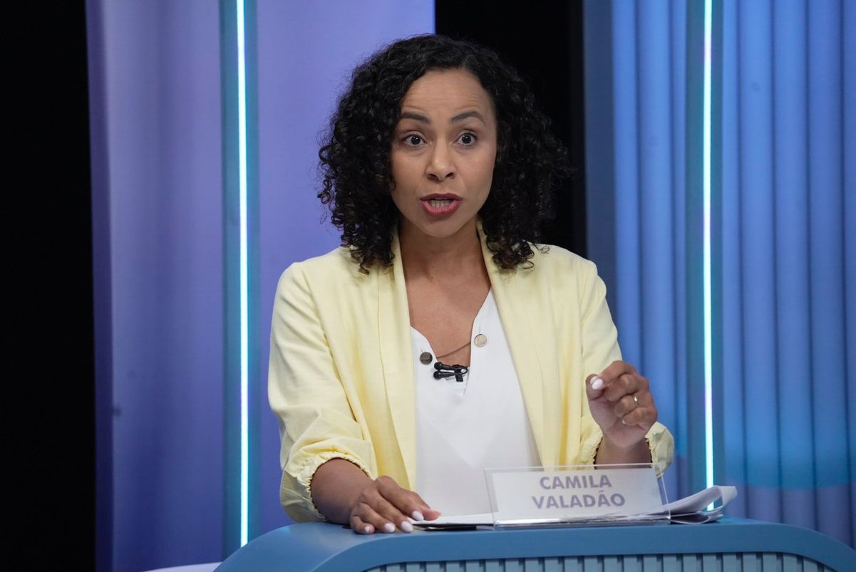 Camila Valadão, candidata à Prefeitura de Vitória nas Eleições 2024 durante debate na TV Gazeta por Vitor Jubini