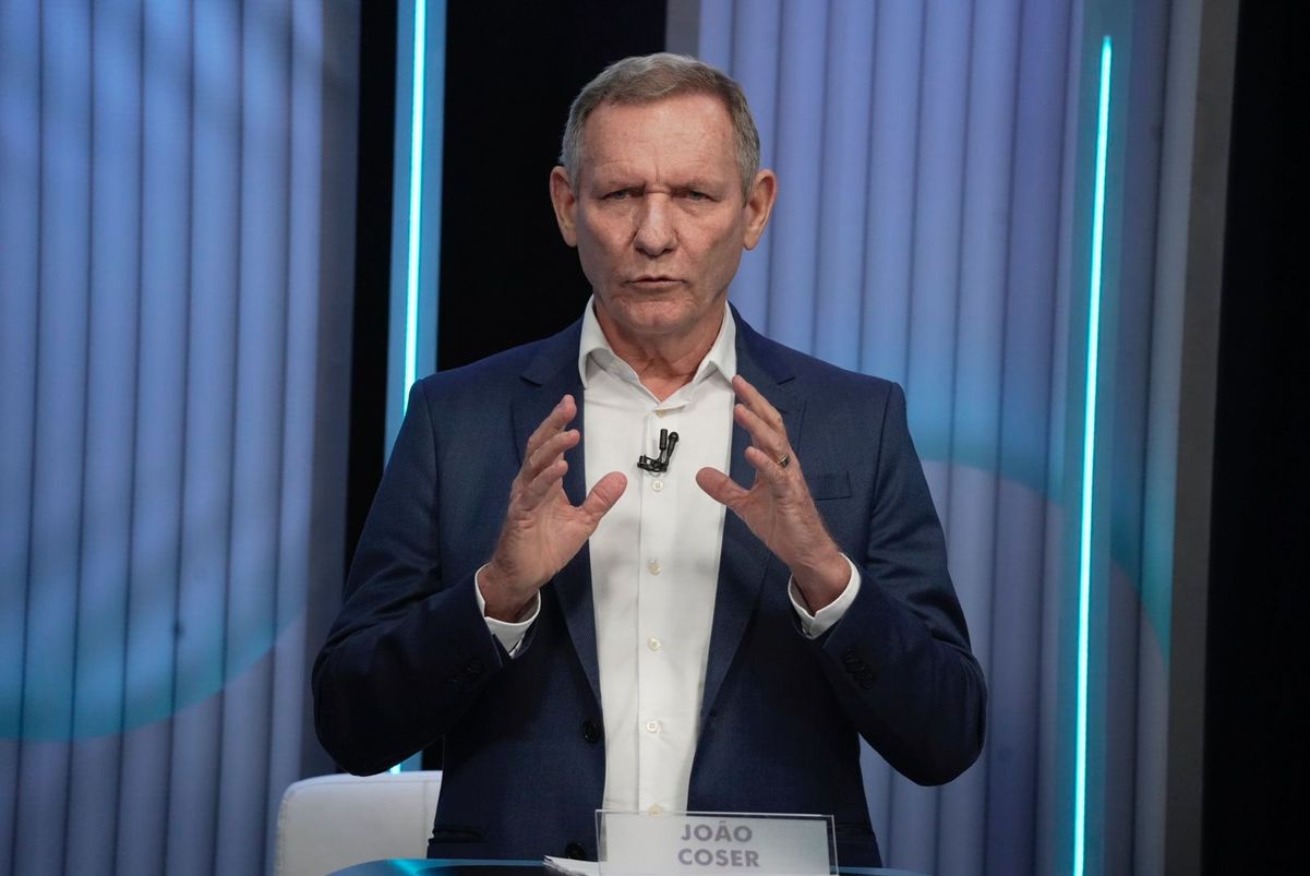 João Coser, candidato à Prefeitura de Vitória nas Eleições 2024 durante debate na TV Gazeta por Vitor Jubini