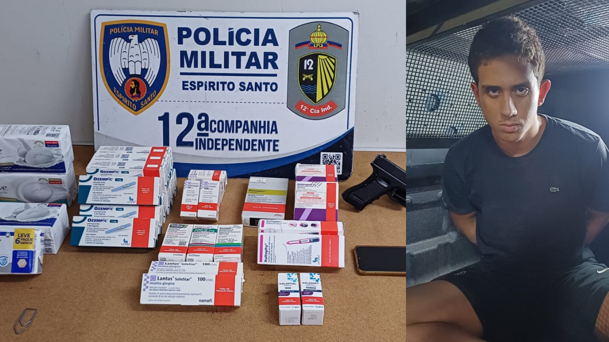 Homem detido pela Polícia Militar no bairro Itararé com uma arma falsa, telefone roubado e caixas de medicamentos diversos, incluindo remédios de emagrecimento injetáveis. 