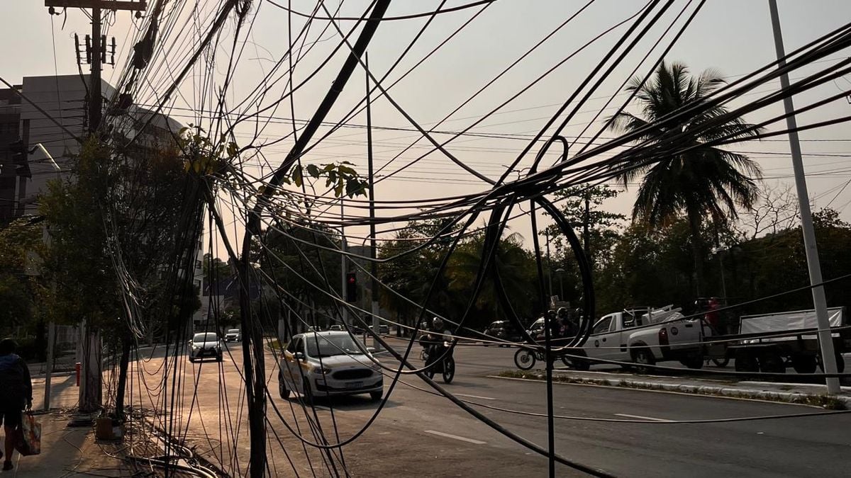 Fios jogados no chão e pendurados em poste e árvores após incêndio em Vitória