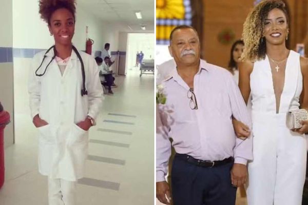 Nayara Cláudia Ramos Felipe, de 32 anos, no segundo ano do curso de Medicina. À direita, ela com o pai