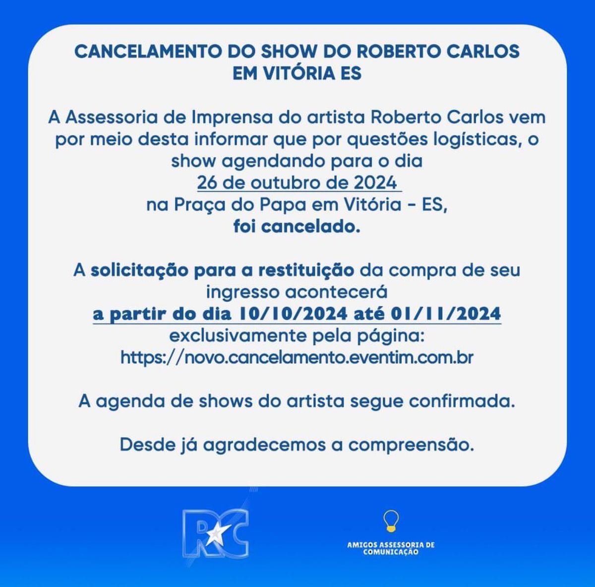 Show de Roberto Carlos em Vitória é cancelado 