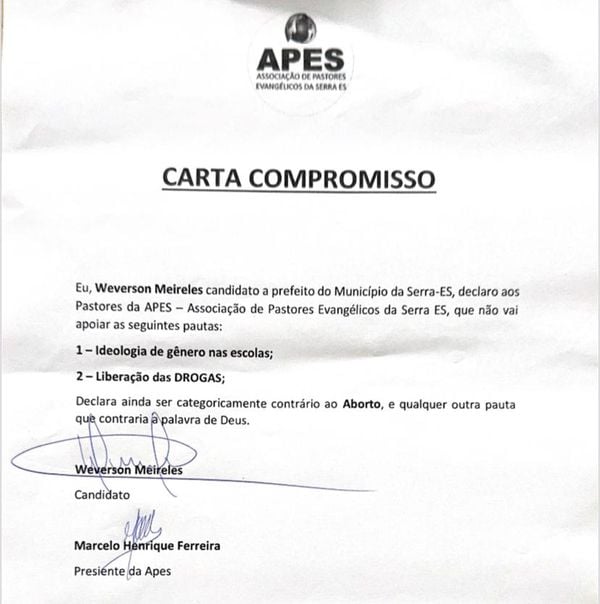 Carta assinada por Weverson Meireles e pastor