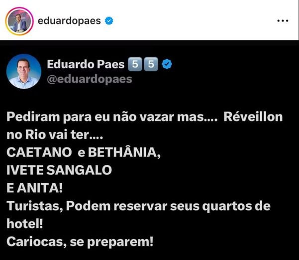 Eduardo Paes anuncia atrações do Réveillon do Rio 