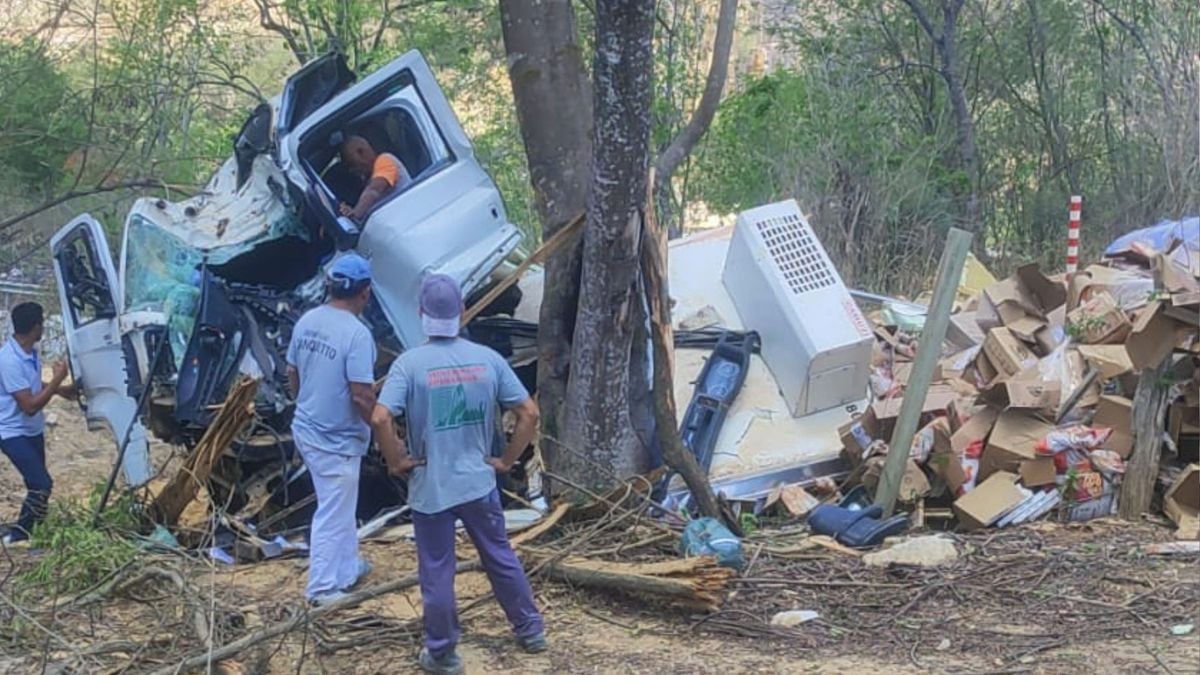 Foto mostra gabine de caminhão destruída e carga espalhada