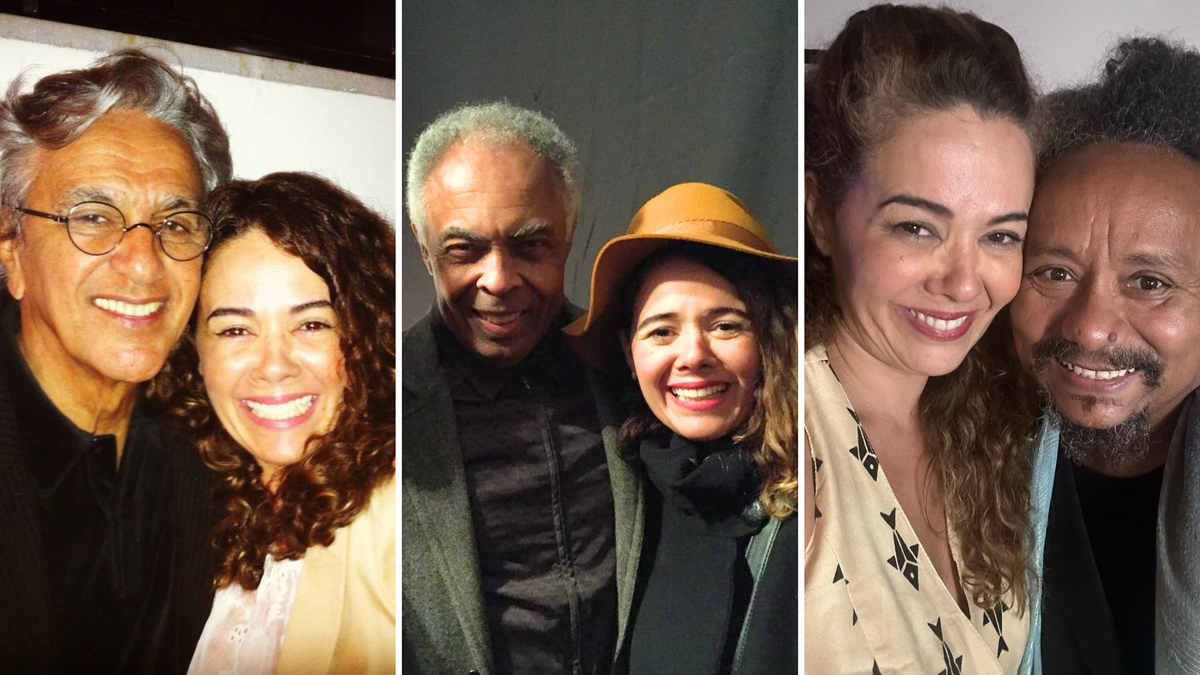 Cantora Tamy ao lado de Caetano Veloso, Gilberto Gil e Chico César, respectivamente