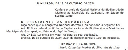 Sanção do presidente Lula confere título a Guarapari