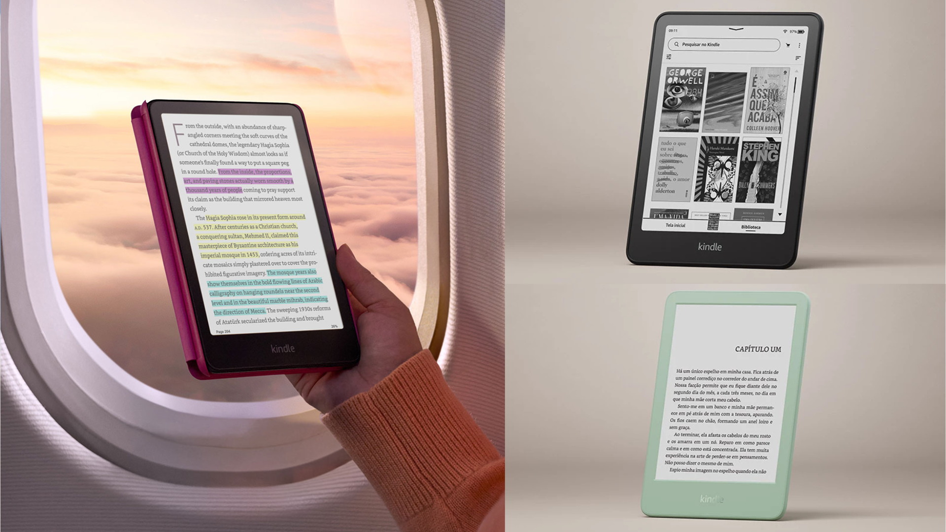 Saiba mais sobre os novos modelos de e-reader da Amazon, incluindo o novo kindle com tela colorida. Crédito: Amazon