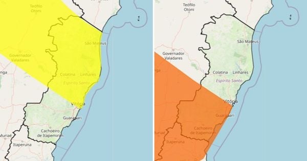 Os avisos meteorológicos juntos compreendem todo o território capixaba: o de cor laranja, de maior intensidade, vale para 41 cidades