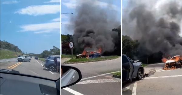 Ocorrência foi registrada no início da tarde deste sábado (26), em Guarapari; apesar do impacto e do fogo, acidente não deixou feridos graves