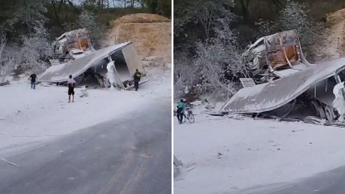 O que é o "pó branco" espalhado em acidente que destruiu carreta em Cachoeiro  por Leitor / Montagem A Gazeta 