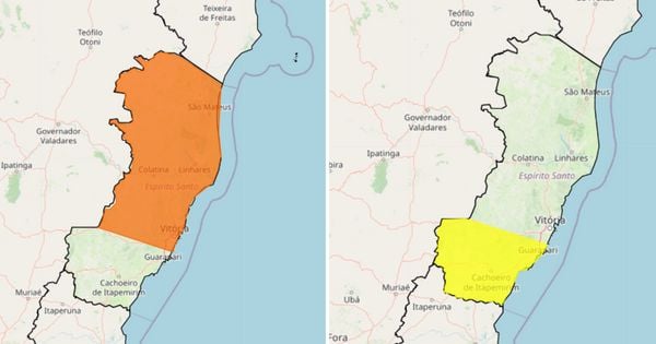 Além do aviso laranja, de maior grau de severidade, que compreende a maioria do Estado, cidades da região Sul e Caparaó também estão sob aviso de chuvas, mas em menor perigo potencial