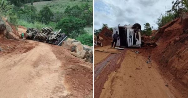 Veículo realizava o transporte de granito e perdeu o controle durante a descida em uma ladeira; motorista não se feriu gravemente