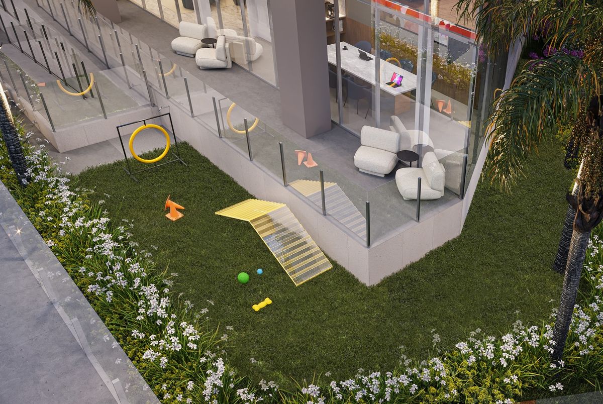 Balcony Canal Residences tem local para brincar e higienizar os pets por Divulgação