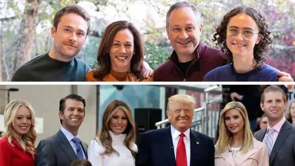 Kamala Harris e Donald Trump com as famílias