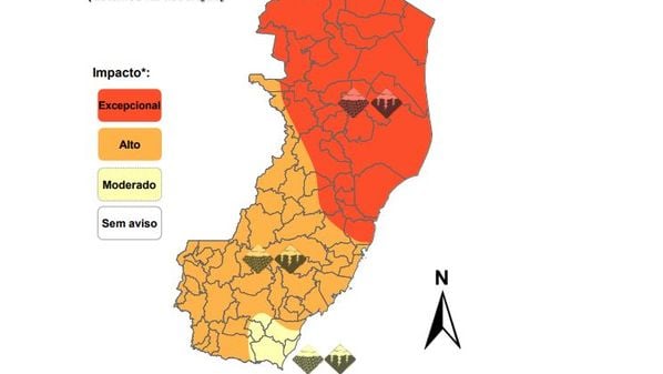 Defesa Civil Estadual divulgou boletim com previsões de precipitações expressivas em território capixaba, sobretudo nas regiões Norte e Noroeste