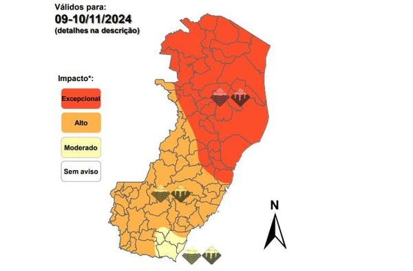 Alerta excepcional para chuvas volumosas em regiões do ES