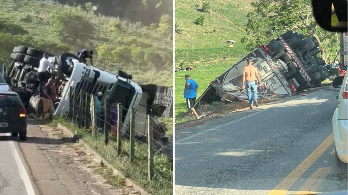 Caminhoneiro tomba após curva e fica ferido em Cachoeiro de Itapemirim