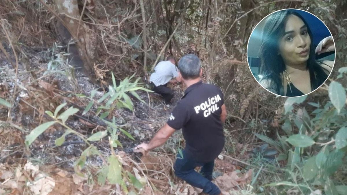 Local onde corpo foi encontrado carbonizado, e no destaque, a jovem assassinada