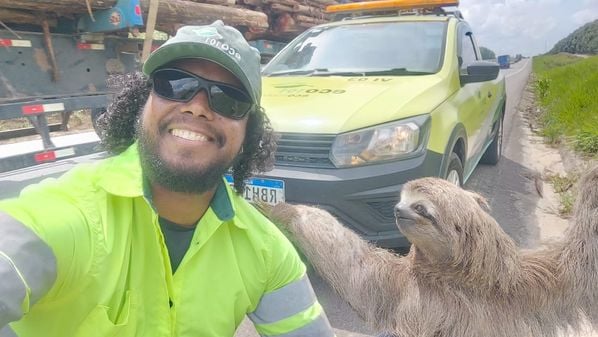 O operador de tráfego Wesley Liria segurava o animal pelas costas, quando conseguiu se posicionar e fazer o registro; este é o terceiro resgate da espécie feito pelo profissional