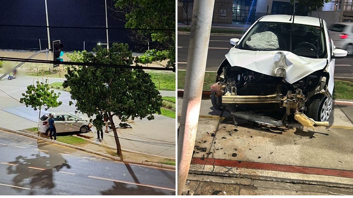 Motorista perde controle do carro e 'sobe' em calçadão da Orla de Camburi, em Vitória. 