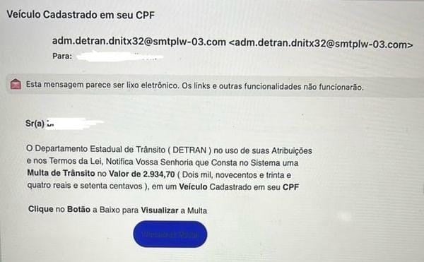 E-mail falso sobre multa de trânsito por Divulgação | Detran