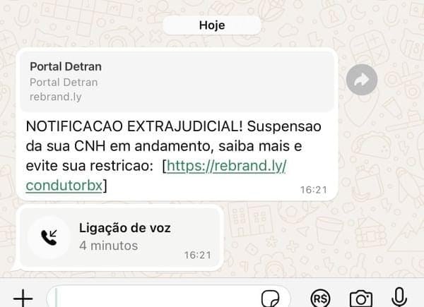Notificação falsa enviada via Whatsapp por Divulgação | Detran 