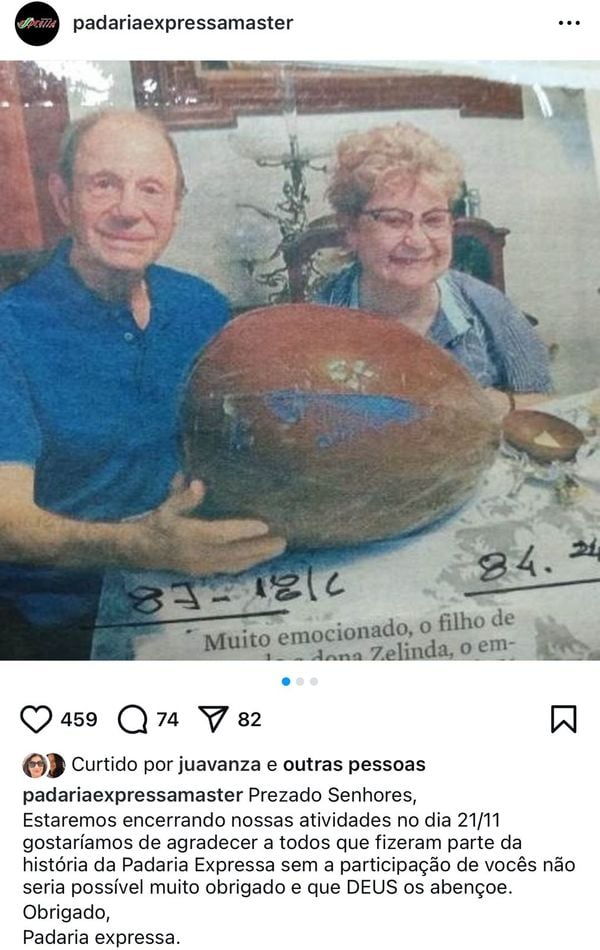 A postagem anunciando o fechamento da Expressa no dia 21 de novembro. Na imagem, o casal Armando e Zelinda Bortoluzzi