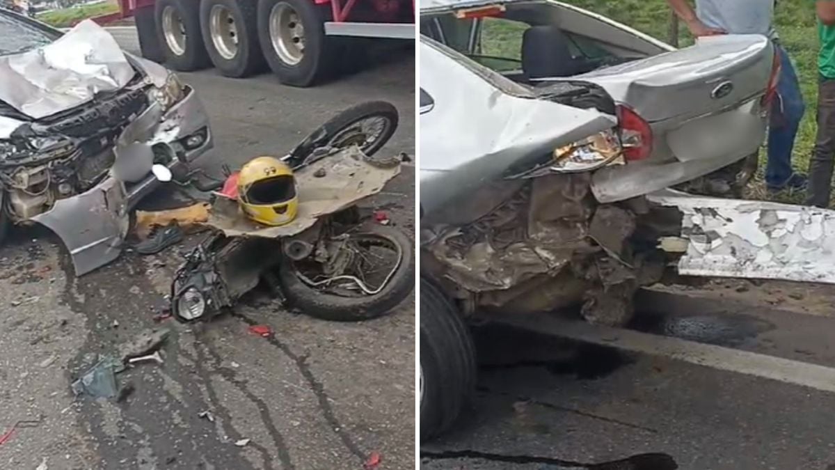 Acidente deixa um ferido após homem com sinais de embriaguez atropelar motociclista. Outros dois veículos ficaram destruídos, em Viana.