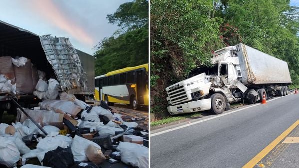 Colisão envolveu carreta carregada de mamão e outra, com produtos de um site de compras, e ocorreu na madrugada deste sábado (16)