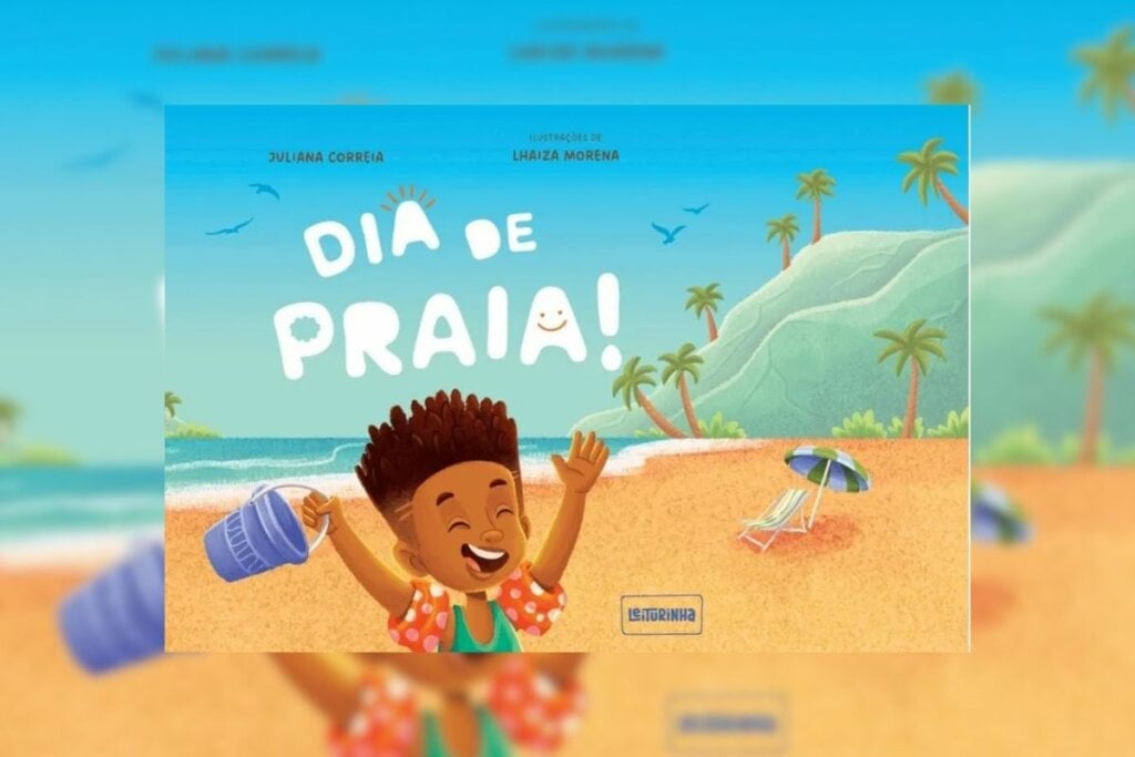 &#8216;Dia de Praia&#8217; narra as aventuras de uma mãe e seu filho que decidem aproveitar um dia de sol e diversão na praia (Imagem: Reprodução digital | Leiturinha)