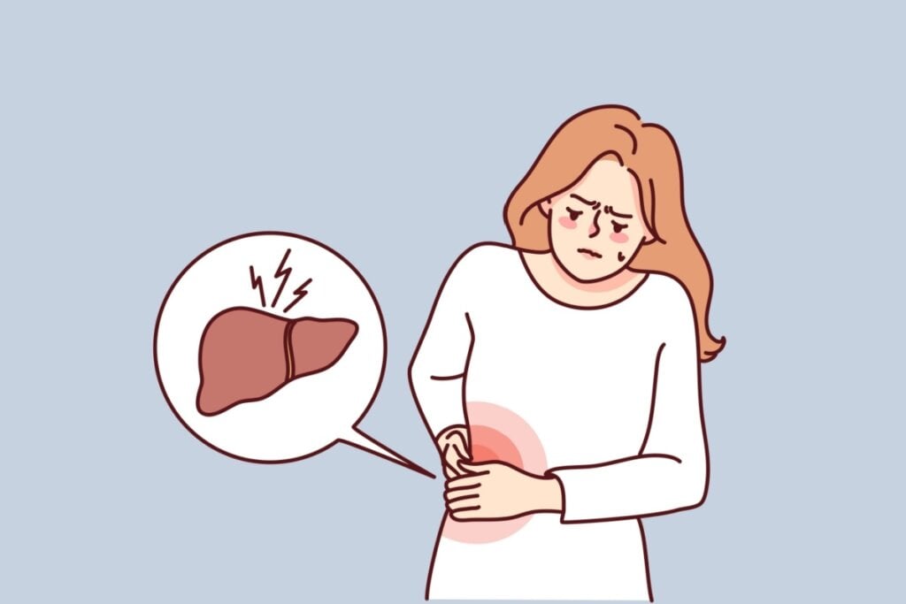 Incômodo no lado direito do abdômen pode indicar problemas no fígado (Imagem: Drawlab19 | Shutterstock)
