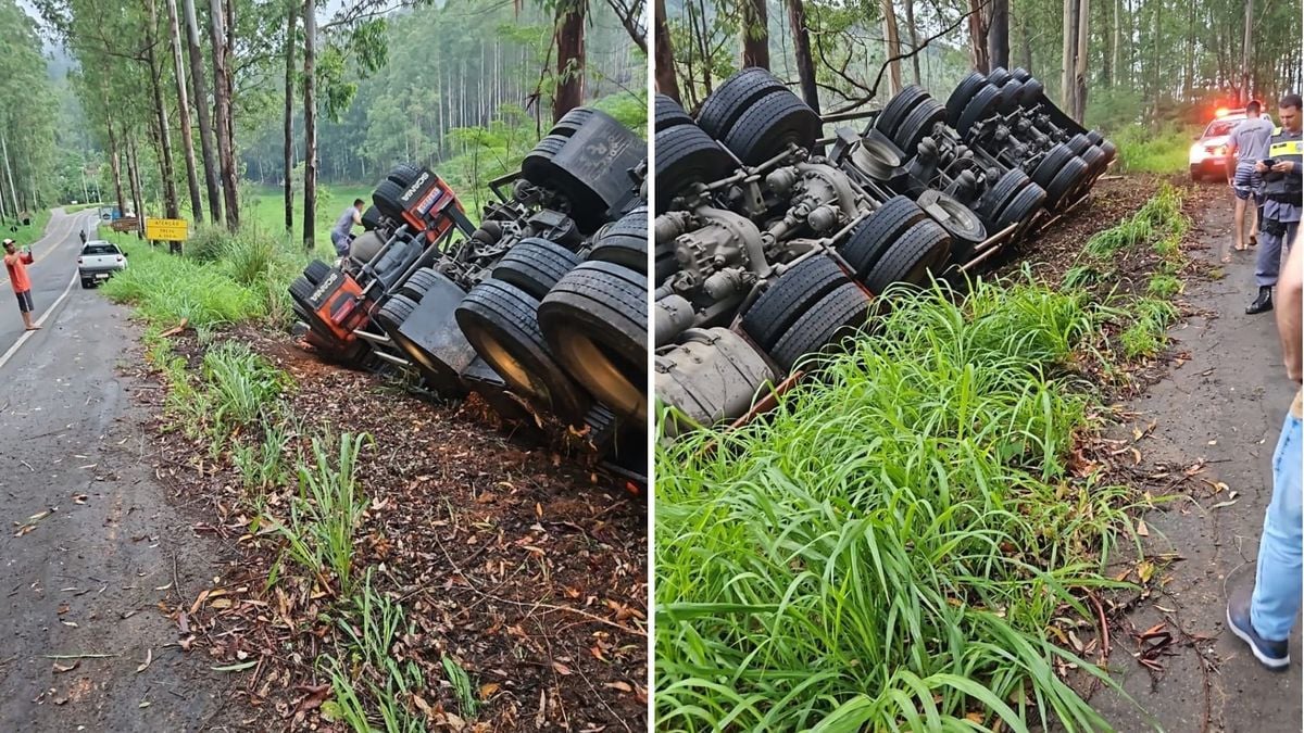 Carreta carregada de chapas de granito tomba em Venda Nova do Imigrante 