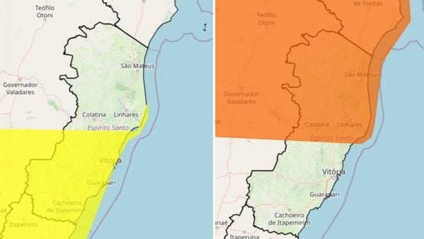 Instituto emitiu dois avisos meteorológicos — um de menor potencial e outro de médio risco, que, juntos, valem para todo o Espírito Santo