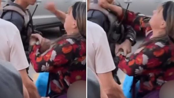 Momento em que mulher comete agressão contra o policial militar foi gravado por testemunhas no bairro Vale Encantado, na última quarta-feira (27)