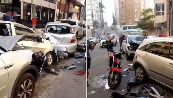 Quatro carros e duas motos acabaram danificados após serem atingidos por outro automóvel; condutora do veículo que causou o acidente sofreu ferimentos leves