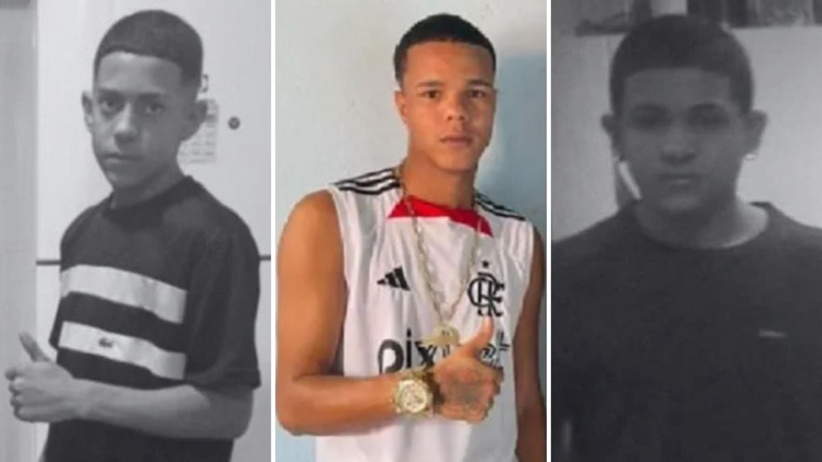 Estevão e João Francisco (nas fotos em preto e branco) irmãos assassinados com tiros na cabeça em Linhares, e no centro, o suspeito João Victor dos Santos Lírio, de 23 anos, que está foragido 